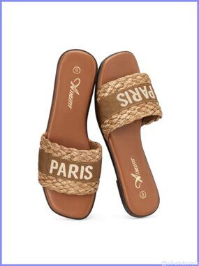 Women's Raffia Slide Sandals Square Toe Slip On Beach Summer